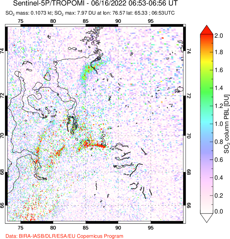 A sulfur dioxide image over Norilsk, Russian Federation on Jun 16, 2022.