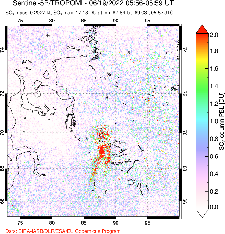 A sulfur dioxide image over Norilsk, Russian Federation on Jun 19, 2022.