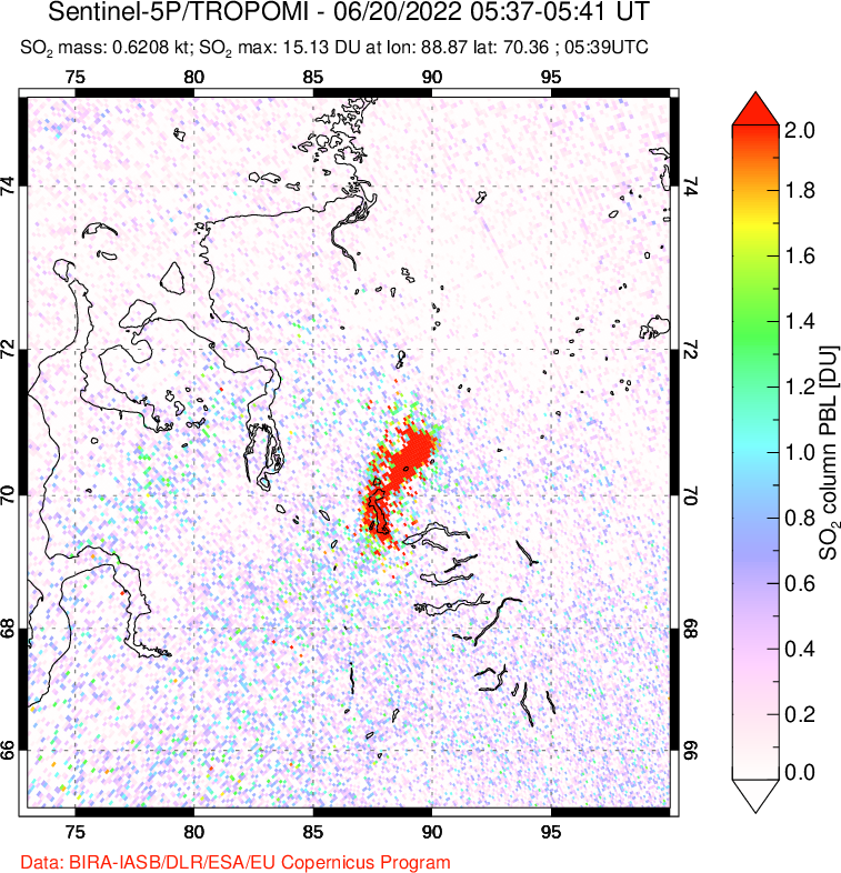 A sulfur dioxide image over Norilsk, Russian Federation on Jun 20, 2022.