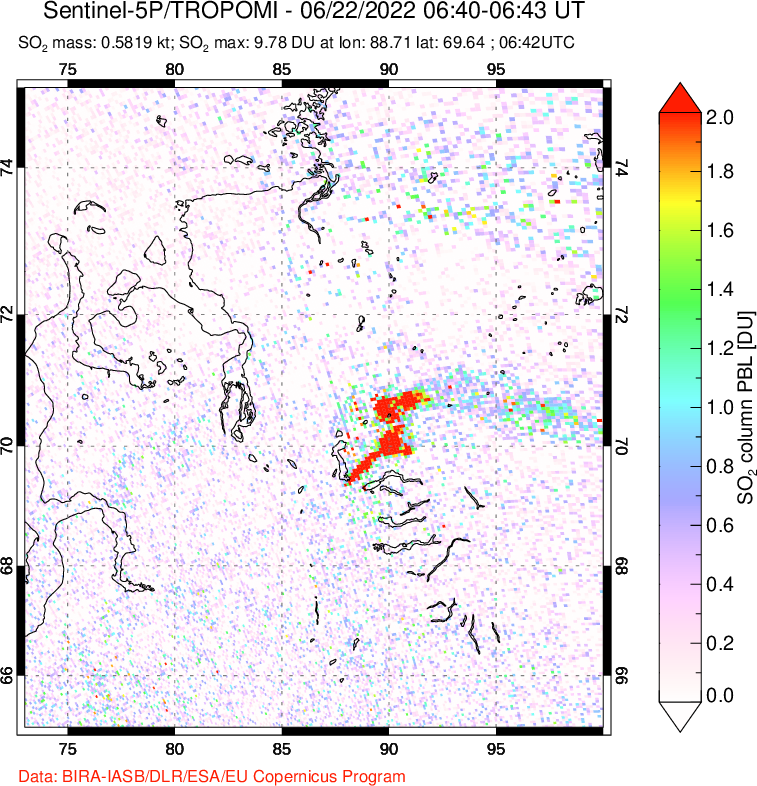A sulfur dioxide image over Norilsk, Russian Federation on Jun 22, 2022.