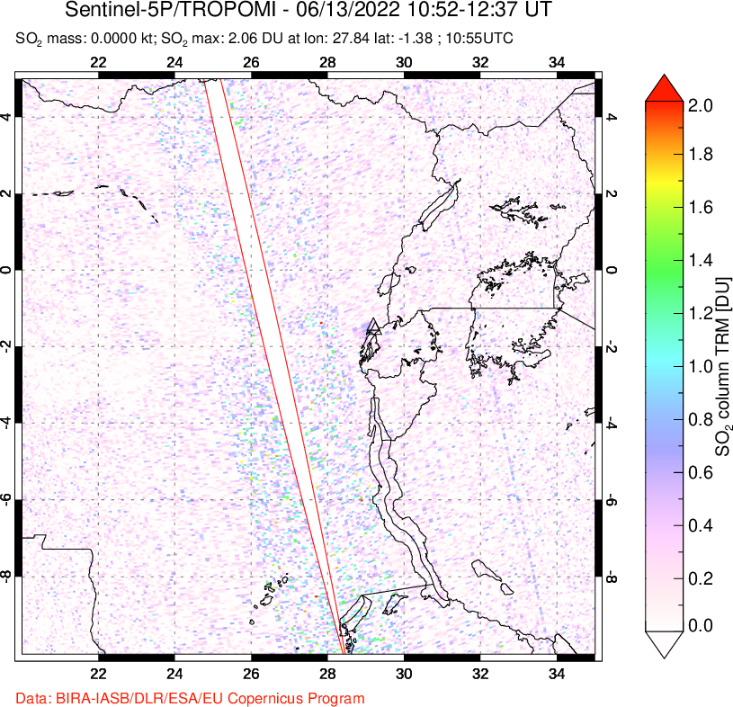 A sulfur dioxide image over Nyiragongo, DR Congo on Jun 13, 2022.