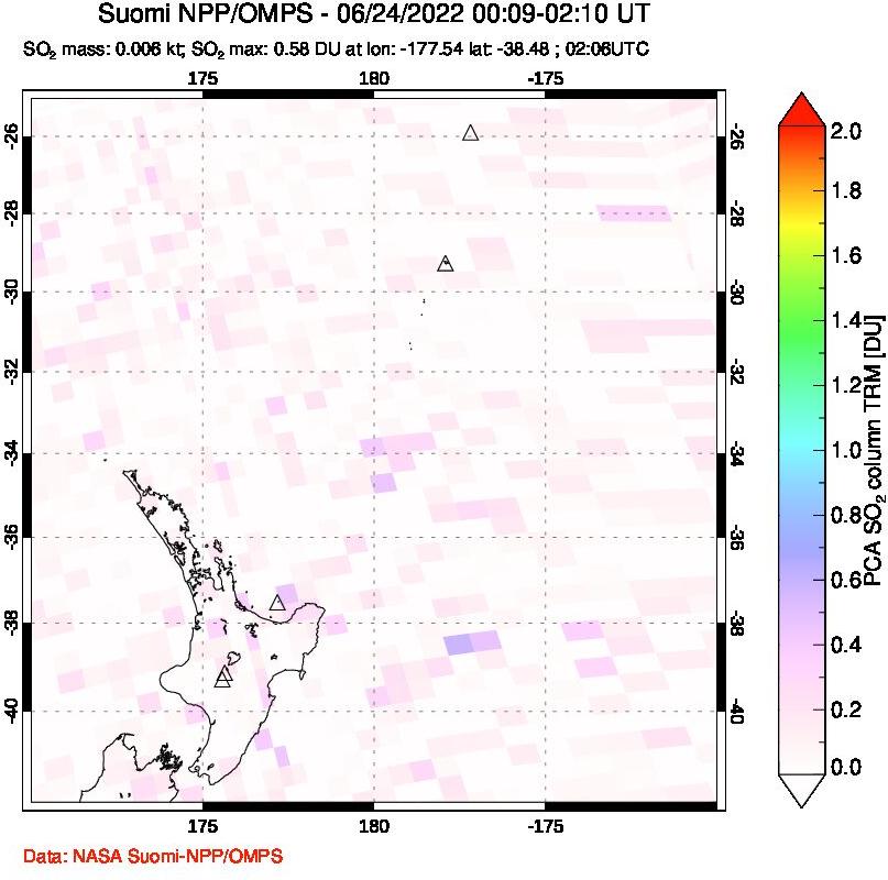 A sulfur dioxide image over New Zealand on Jun 24, 2022.