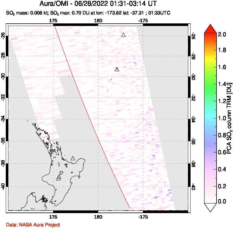 A sulfur dioxide image over New Zealand on Jun 28, 2022.