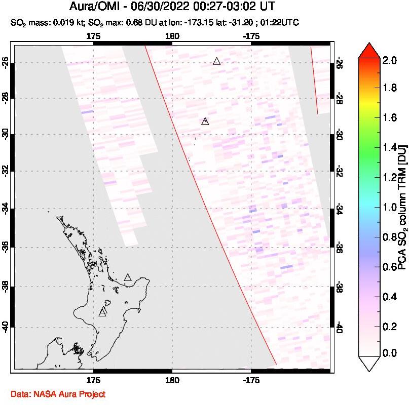 A sulfur dioxide image over New Zealand on Jun 30, 2022.