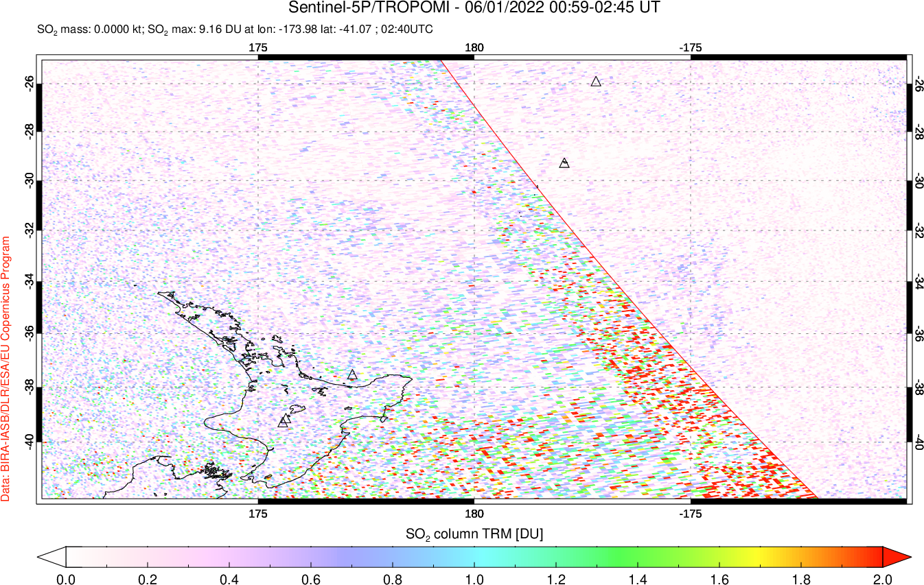 A sulfur dioxide image over New Zealand on Jun 01, 2022.