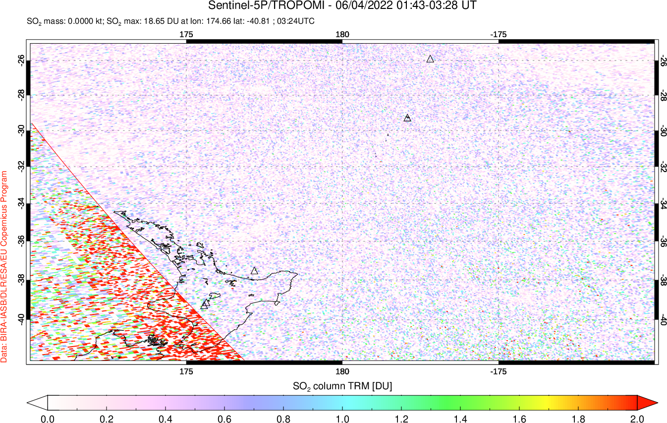 A sulfur dioxide image over New Zealand on Jun 04, 2022.
