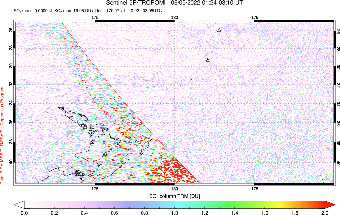 A sulfur dioxide image over New Zealand on Jun 05, 2022.
