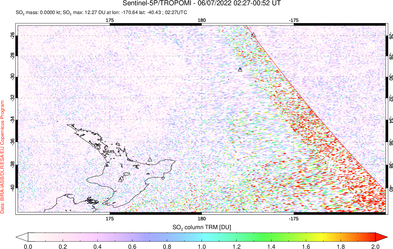 A sulfur dioxide image over New Zealand on Jun 07, 2022.