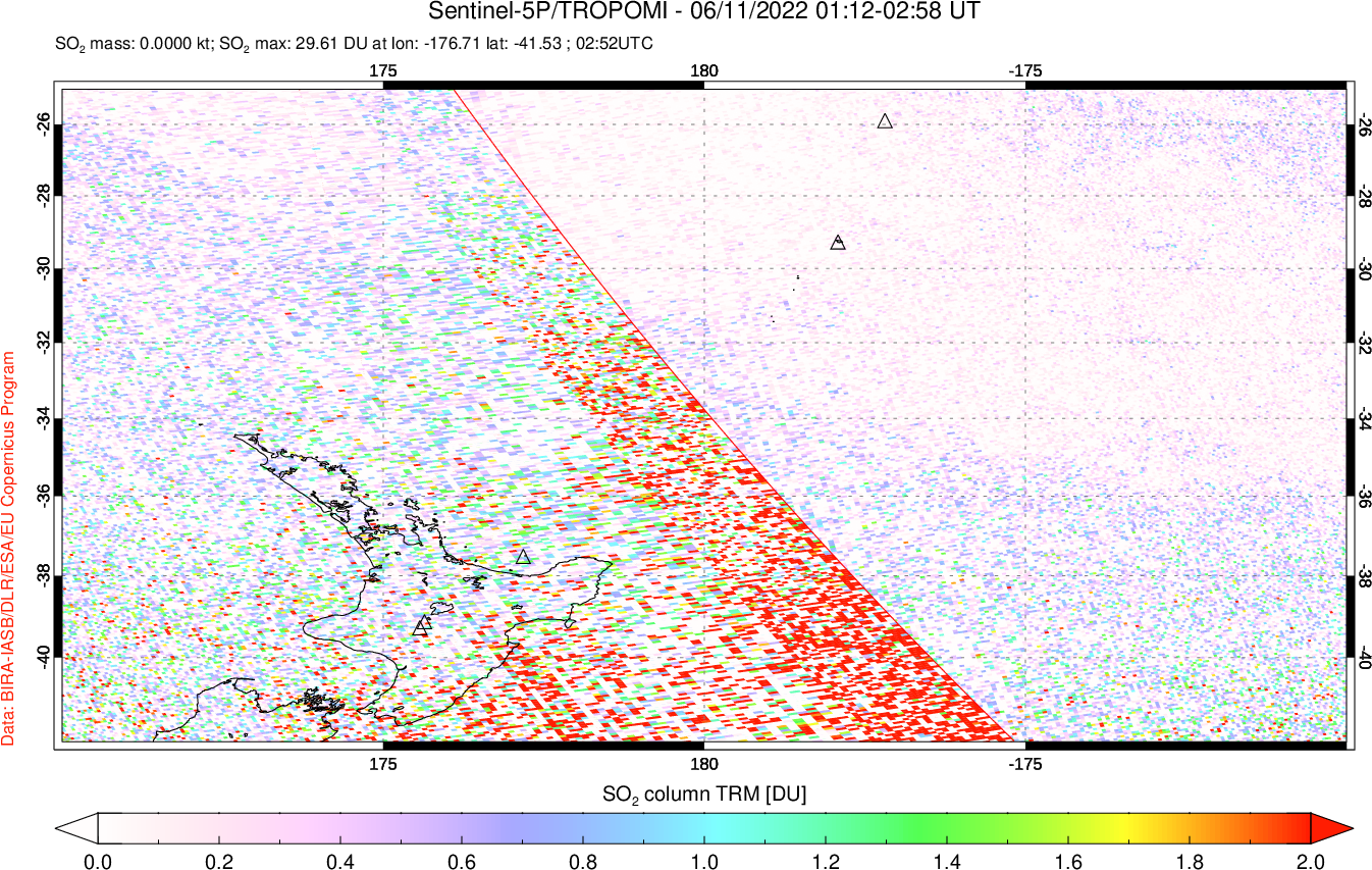 A sulfur dioxide image over New Zealand on Jun 11, 2022.