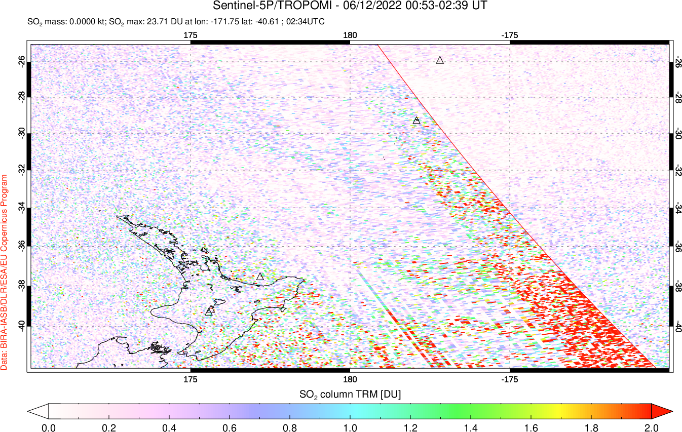 A sulfur dioxide image over New Zealand on Jun 12, 2022.