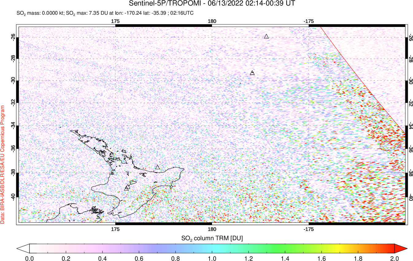 A sulfur dioxide image over New Zealand on Jun 13, 2022.
