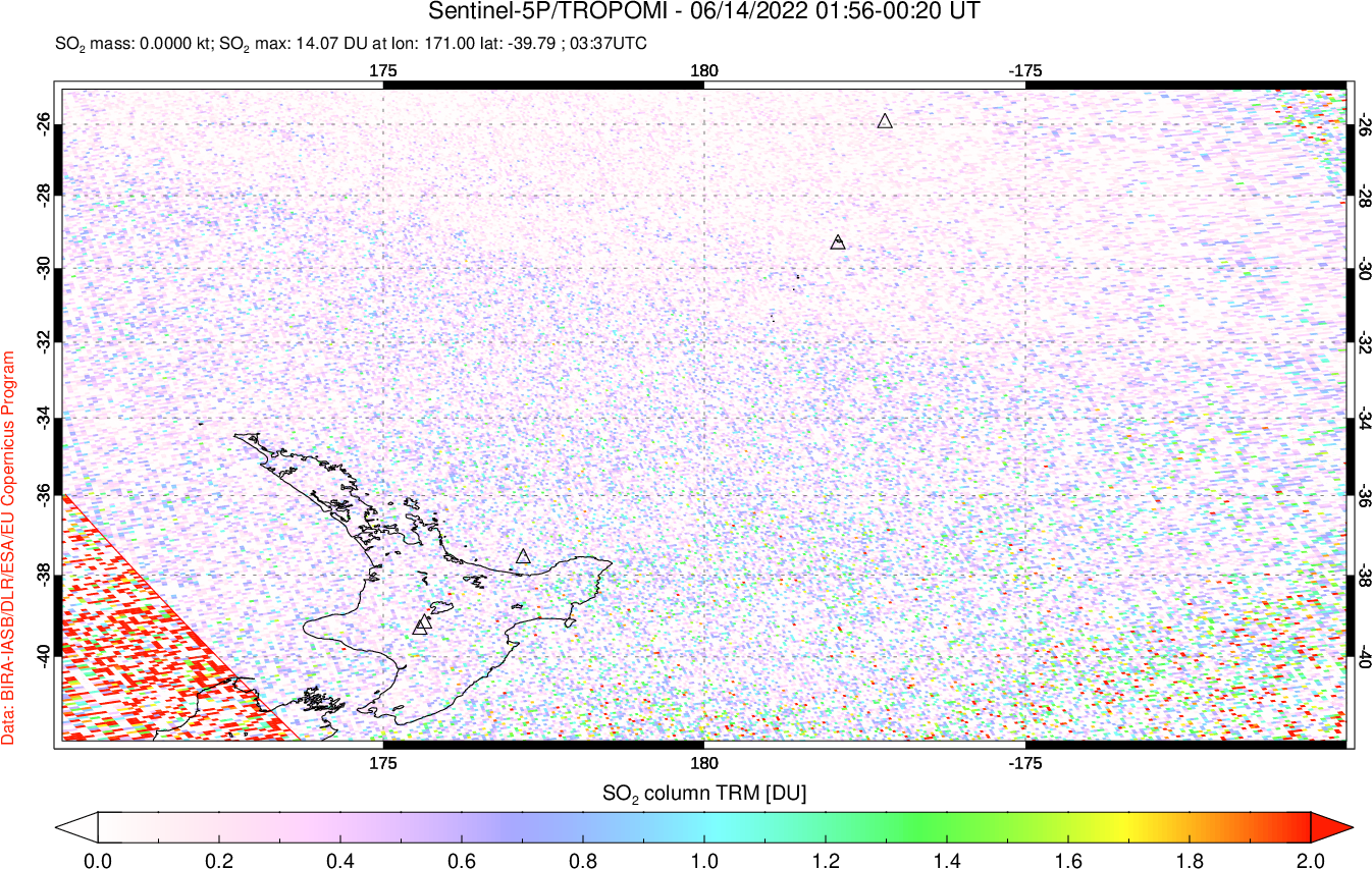 A sulfur dioxide image over New Zealand on Jun 14, 2022.