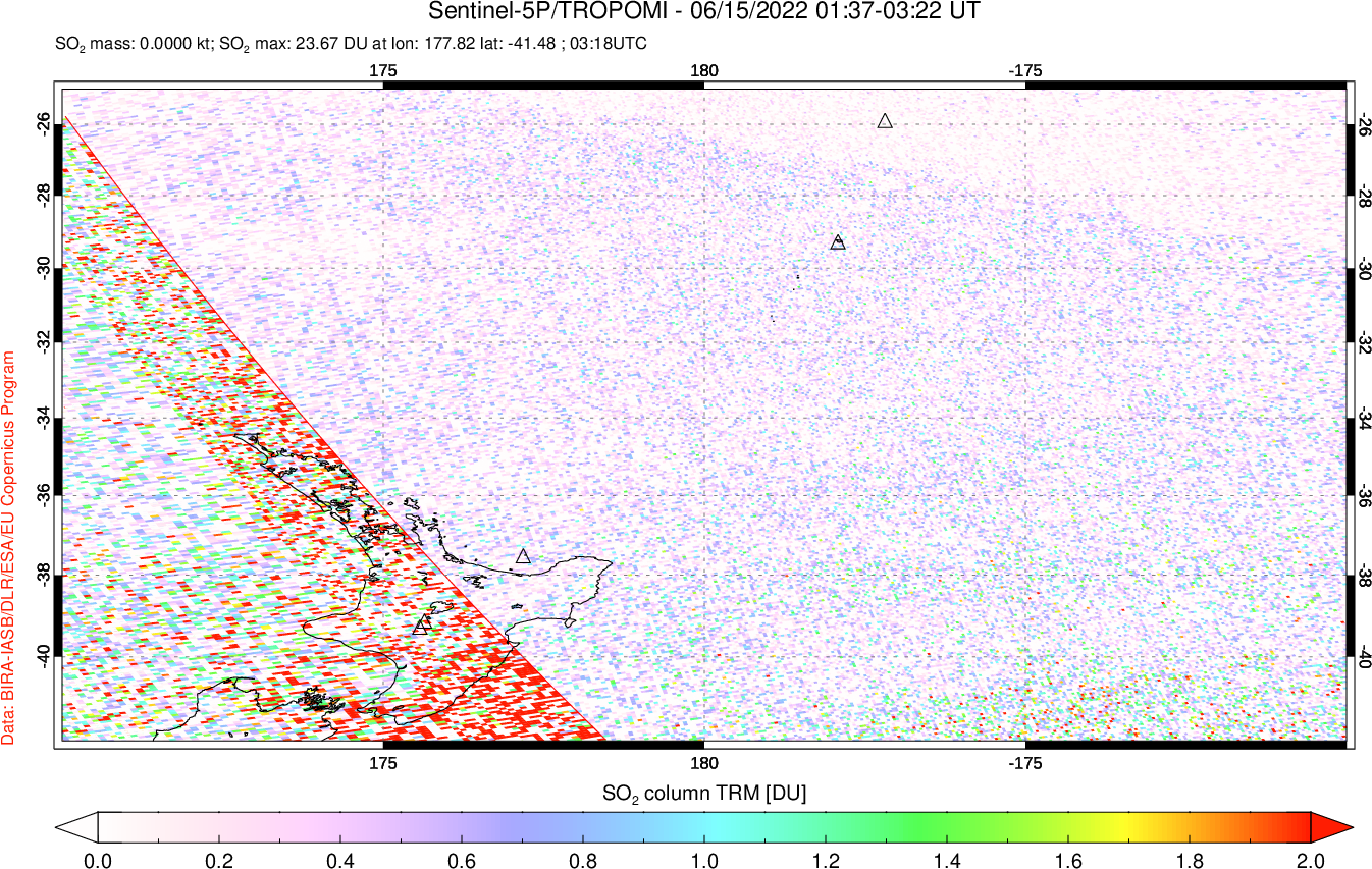 A sulfur dioxide image over New Zealand on Jun 15, 2022.
