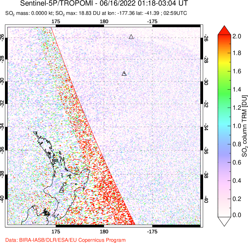 A sulfur dioxide image over New Zealand on Jun 16, 2022.