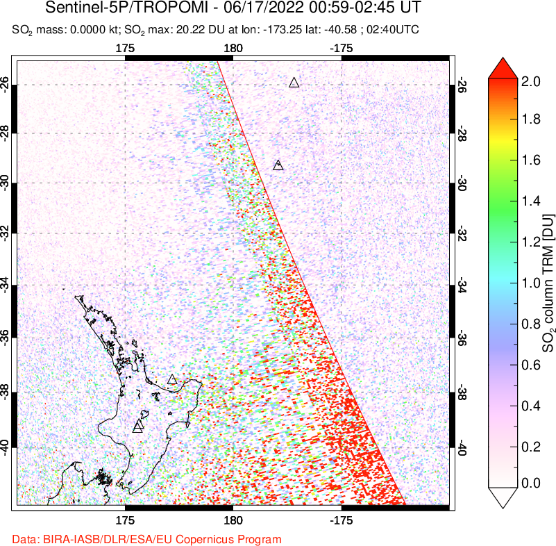 A sulfur dioxide image over New Zealand on Jun 17, 2022.