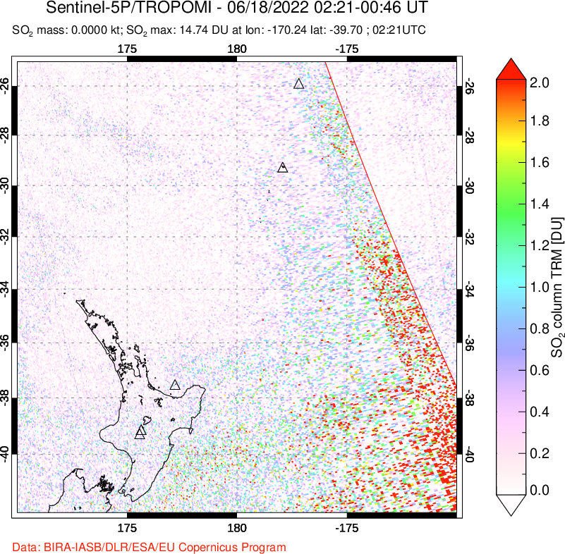 A sulfur dioxide image over New Zealand on Jun 18, 2022.