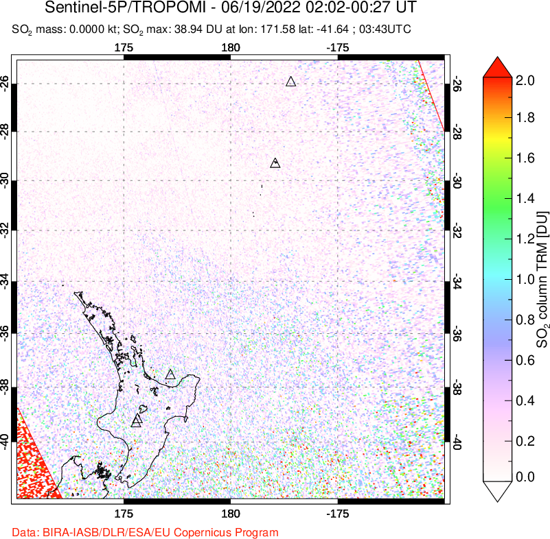 A sulfur dioxide image over New Zealand on Jun 19, 2022.