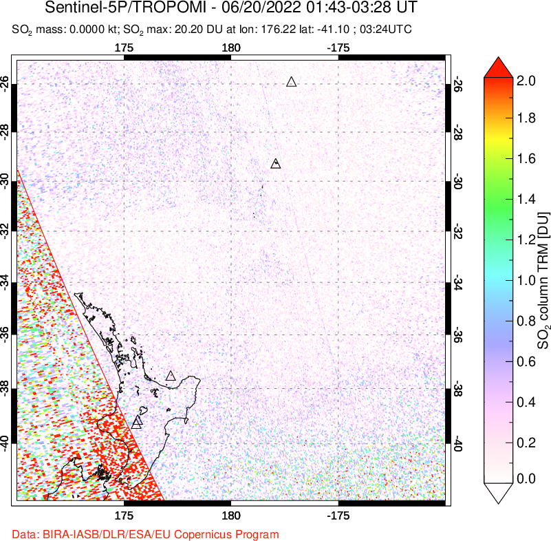 A sulfur dioxide image over New Zealand on Jun 20, 2022.