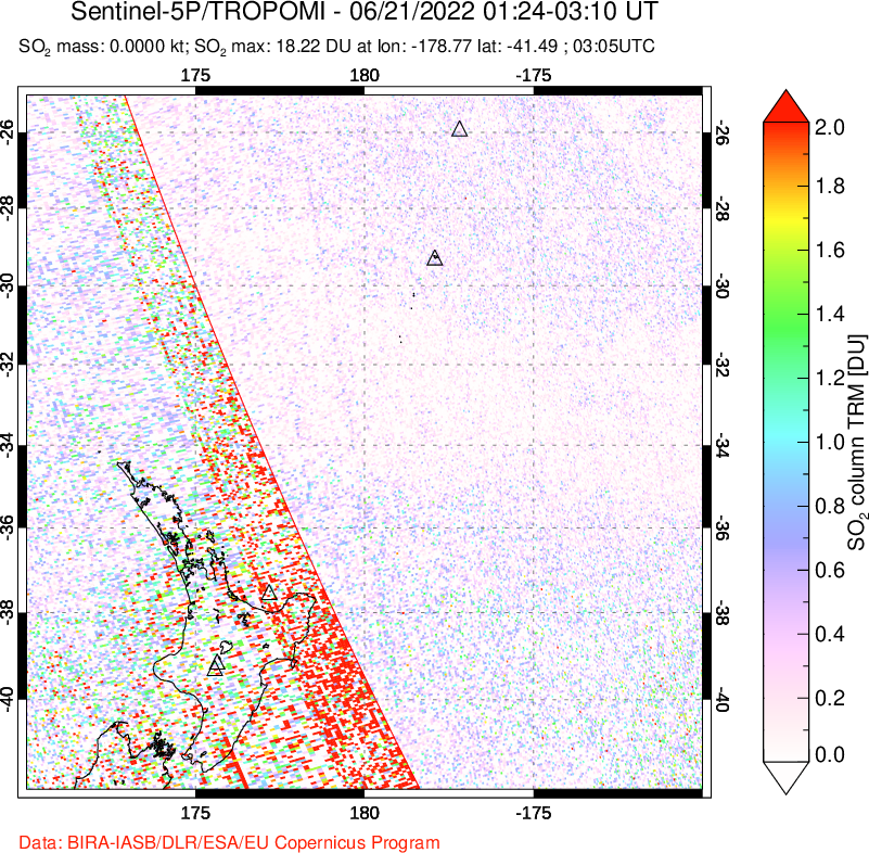 A sulfur dioxide image over New Zealand on Jun 21, 2022.