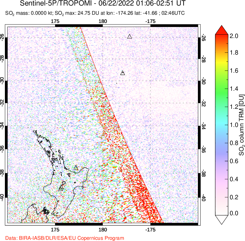 A sulfur dioxide image over New Zealand on Jun 22, 2022.