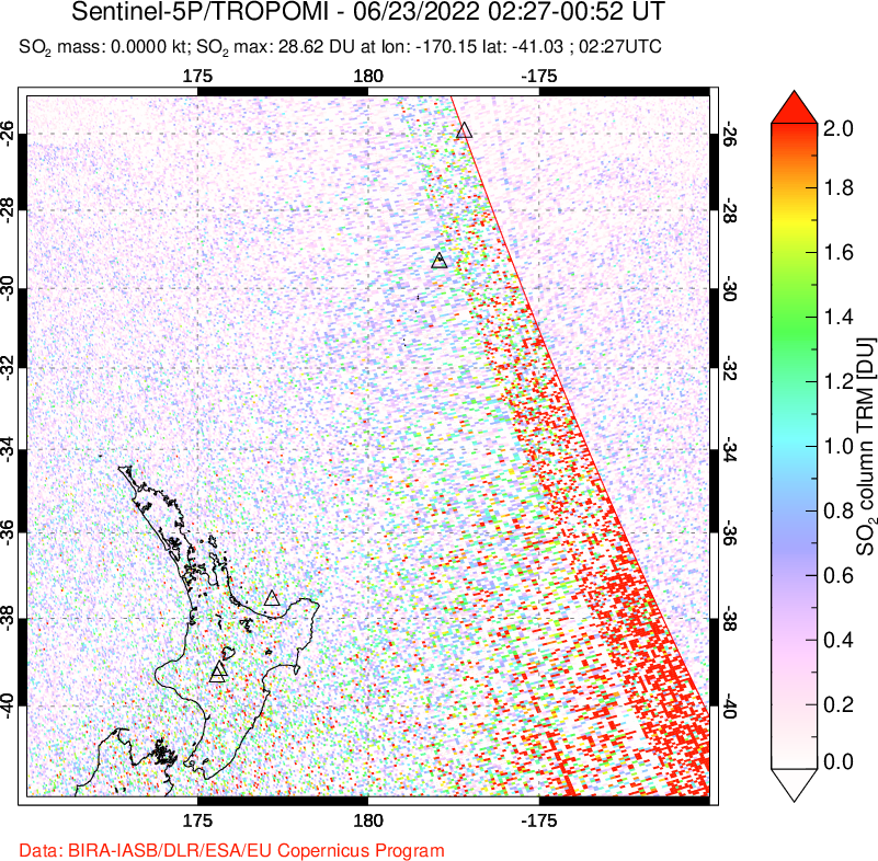 A sulfur dioxide image over New Zealand on Jun 23, 2022.