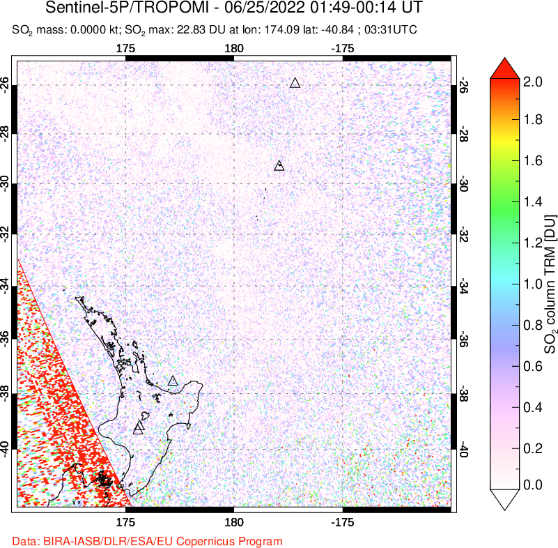 A sulfur dioxide image over New Zealand on Jun 25, 2022.
