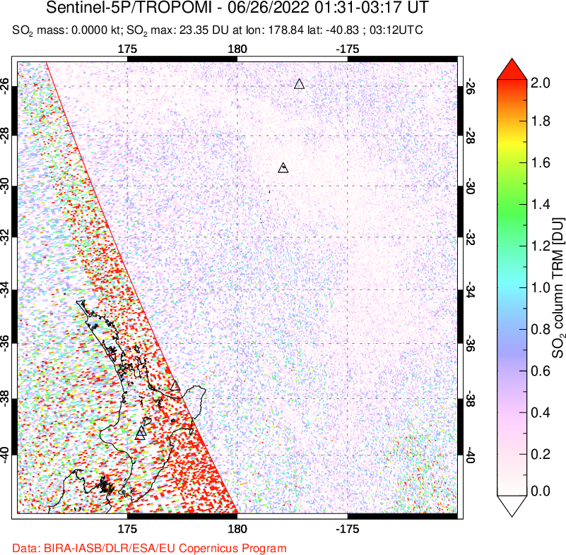 A sulfur dioxide image over New Zealand on Jun 26, 2022.