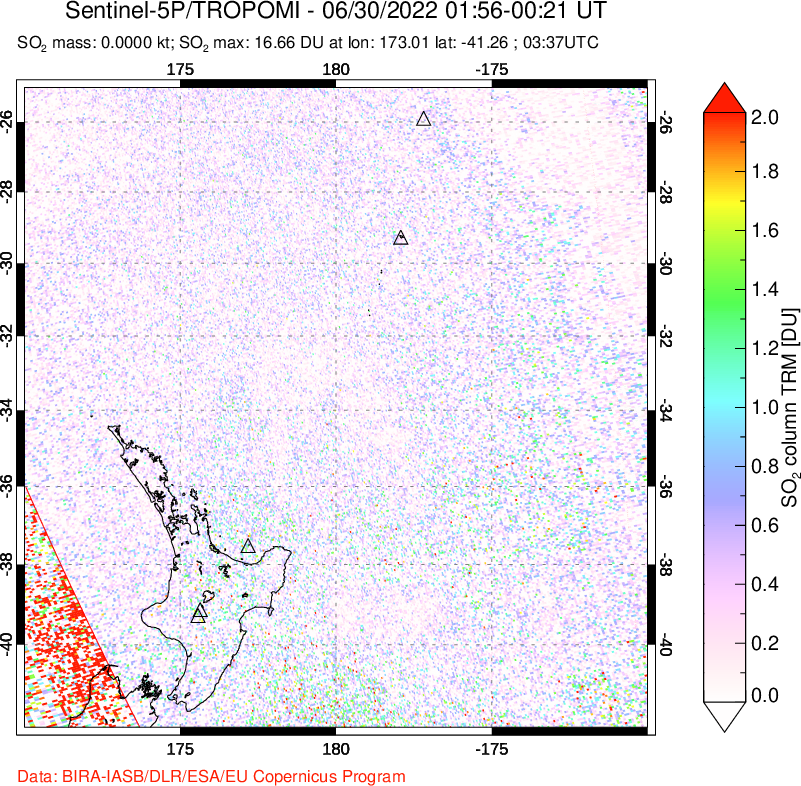 A sulfur dioxide image over New Zealand on Jun 30, 2022.