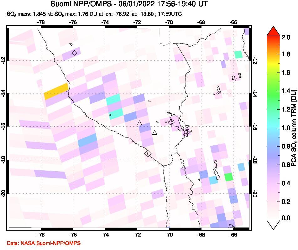 A sulfur dioxide image over Peru on Jun 01, 2022.