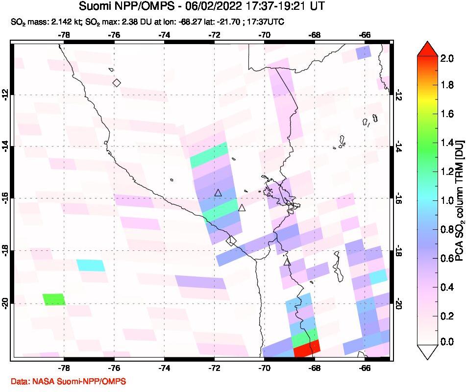 A sulfur dioxide image over Peru on Jun 02, 2022.