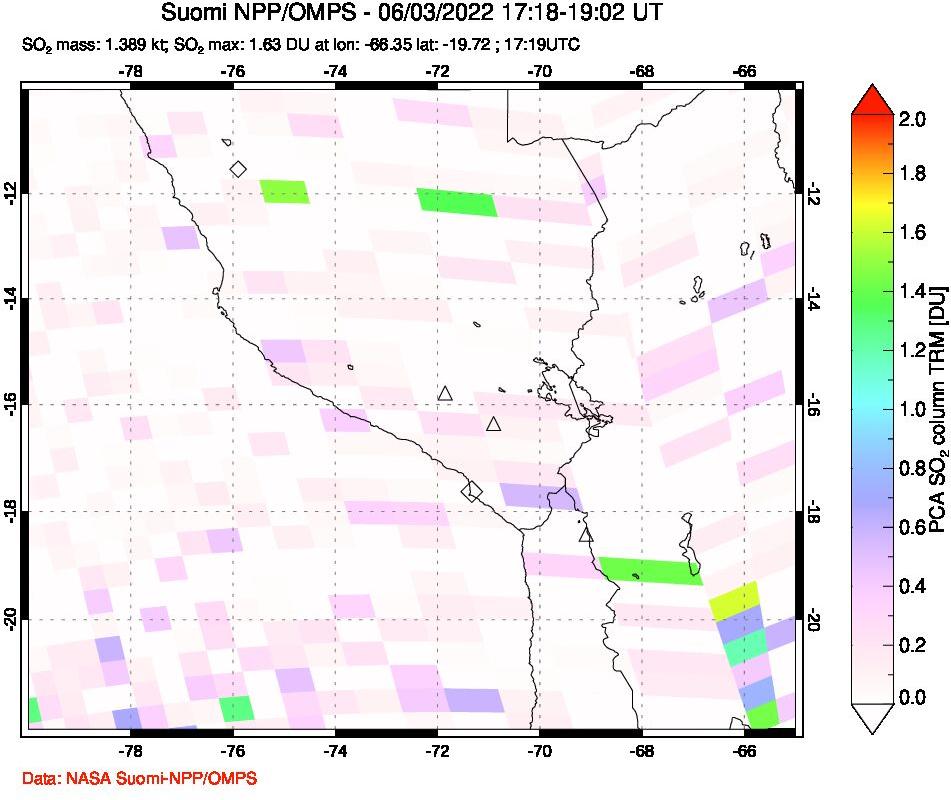 A sulfur dioxide image over Peru on Jun 03, 2022.
