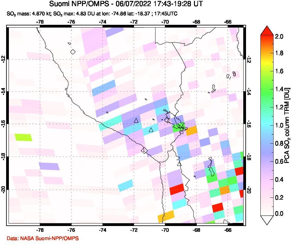 A sulfur dioxide image over Peru on Jun 07, 2022.