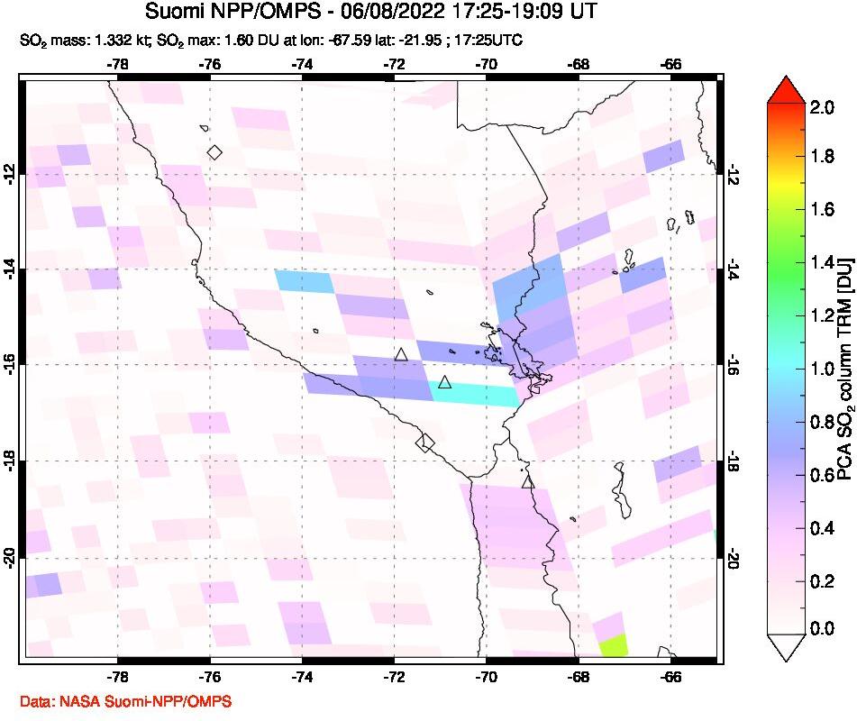 A sulfur dioxide image over Peru on Jun 08, 2022.