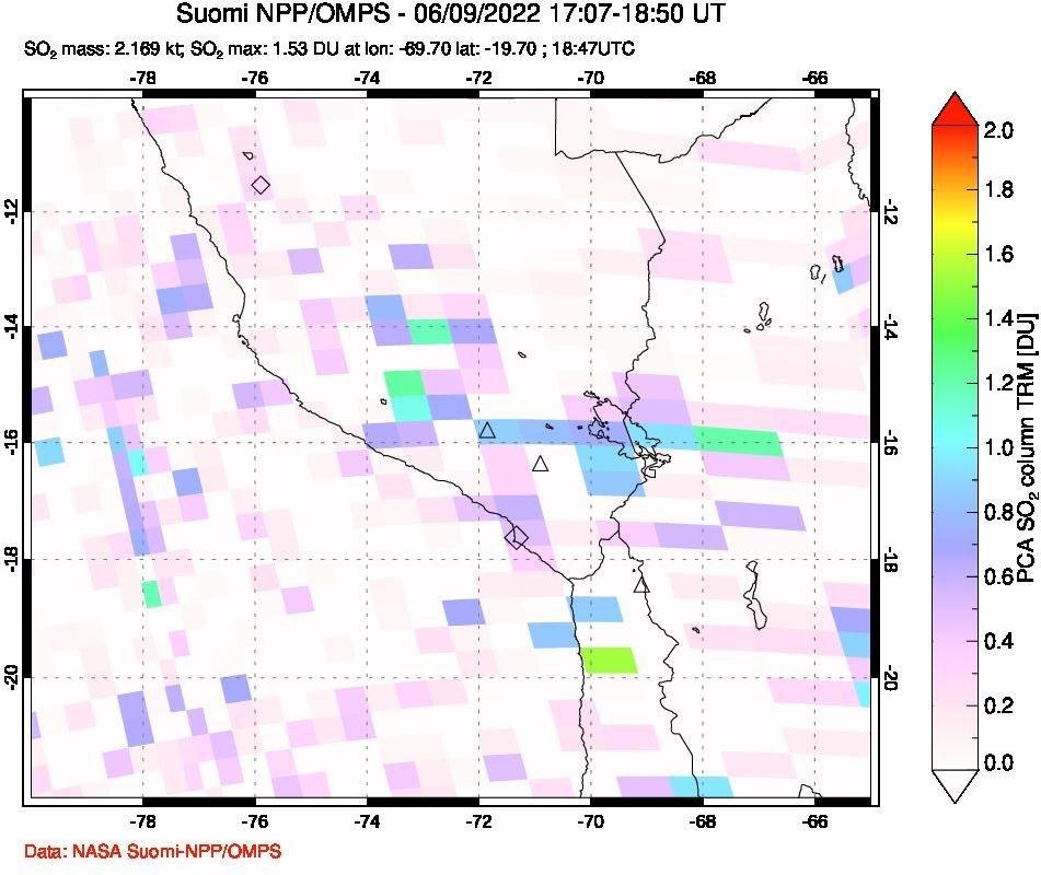 A sulfur dioxide image over Peru on Jun 09, 2022.