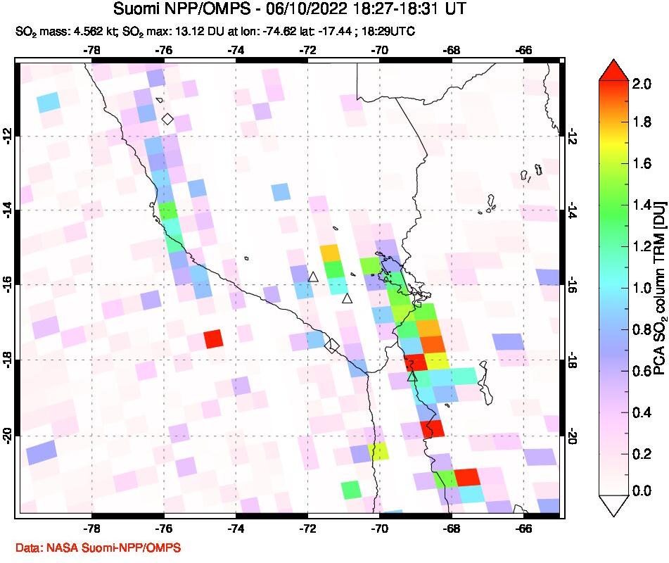 A sulfur dioxide image over Peru on Jun 10, 2022.