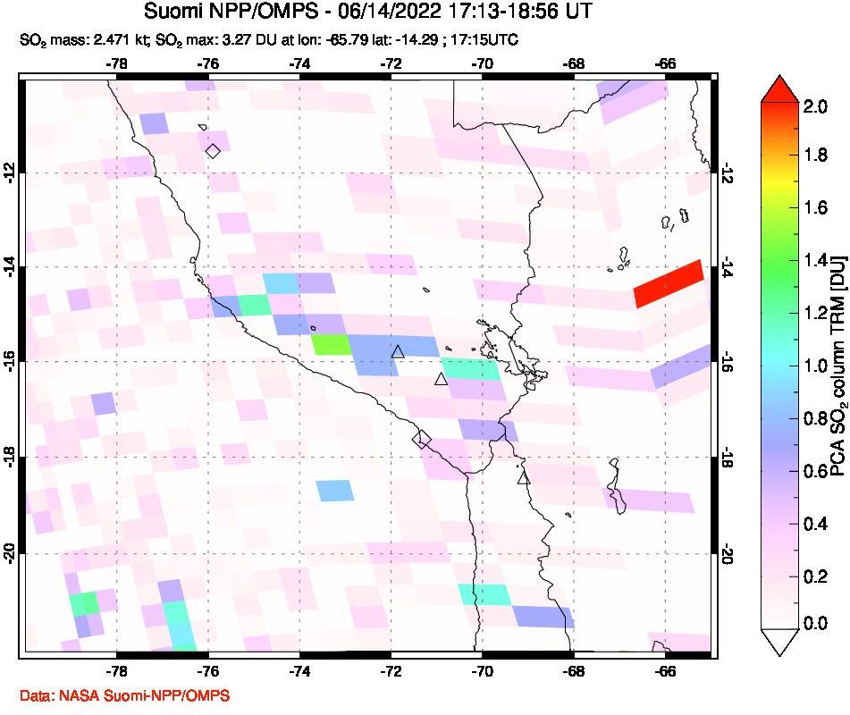 A sulfur dioxide image over Peru on Jun 14, 2022.