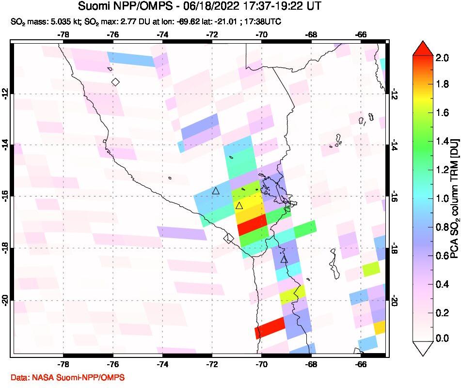 A sulfur dioxide image over Peru on Jun 18, 2022.