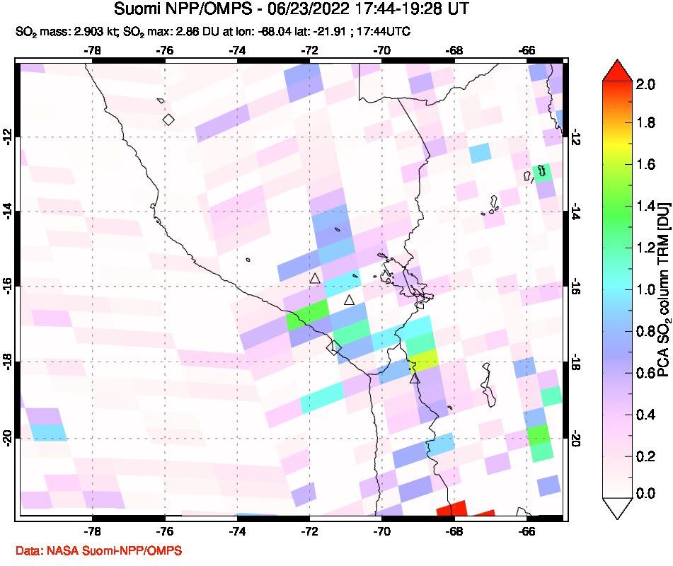 A sulfur dioxide image over Peru on Jun 23, 2022.
