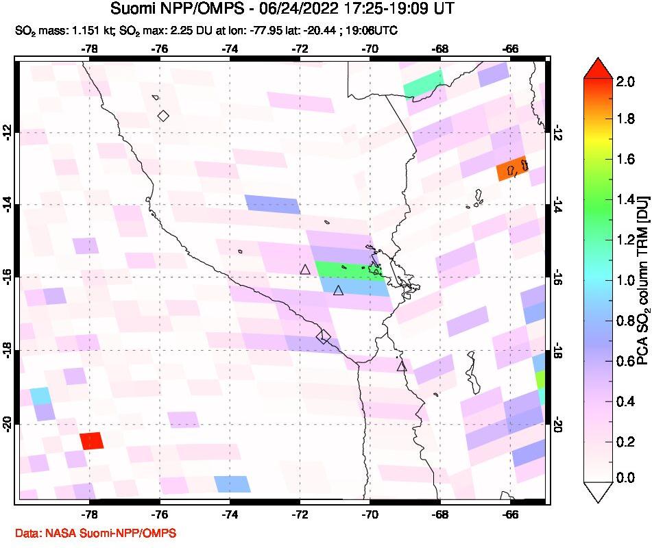 A sulfur dioxide image over Peru on Jun 24, 2022.