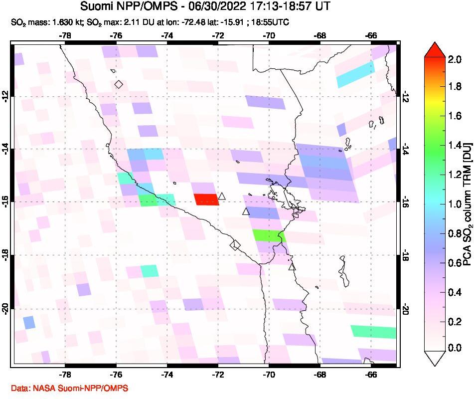 A sulfur dioxide image over Peru on Jun 30, 2022.