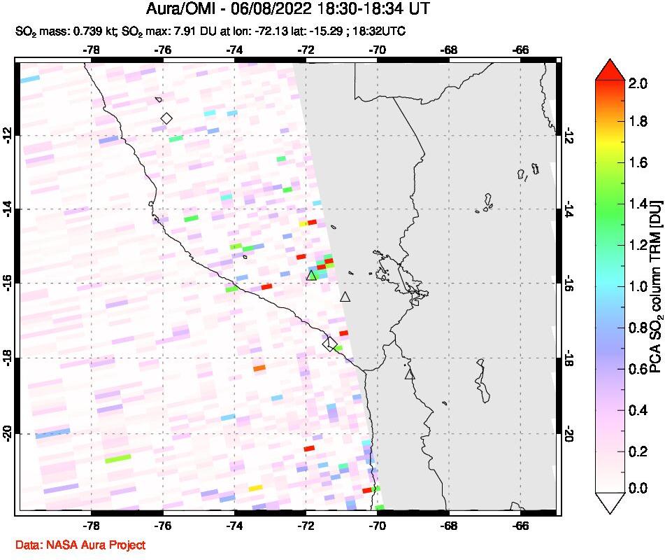 A sulfur dioxide image over Peru on Jun 08, 2022.