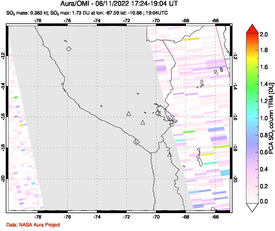 A sulfur dioxide image over Peru on Jun 11, 2022.