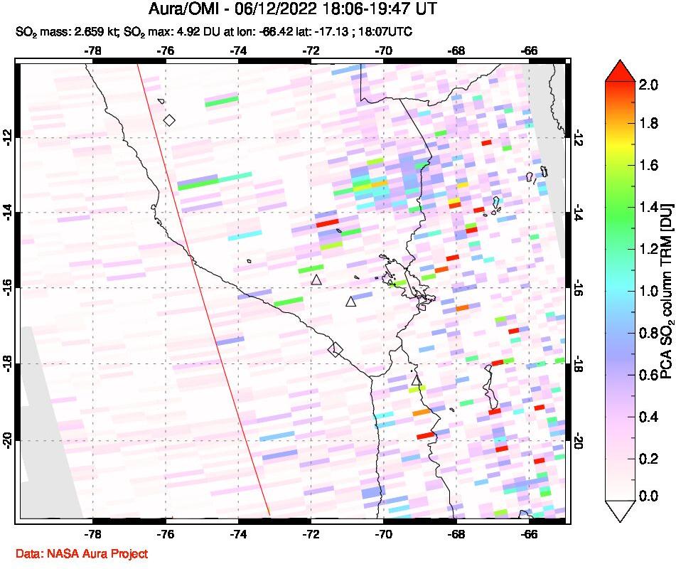 A sulfur dioxide image over Peru on Jun 12, 2022.