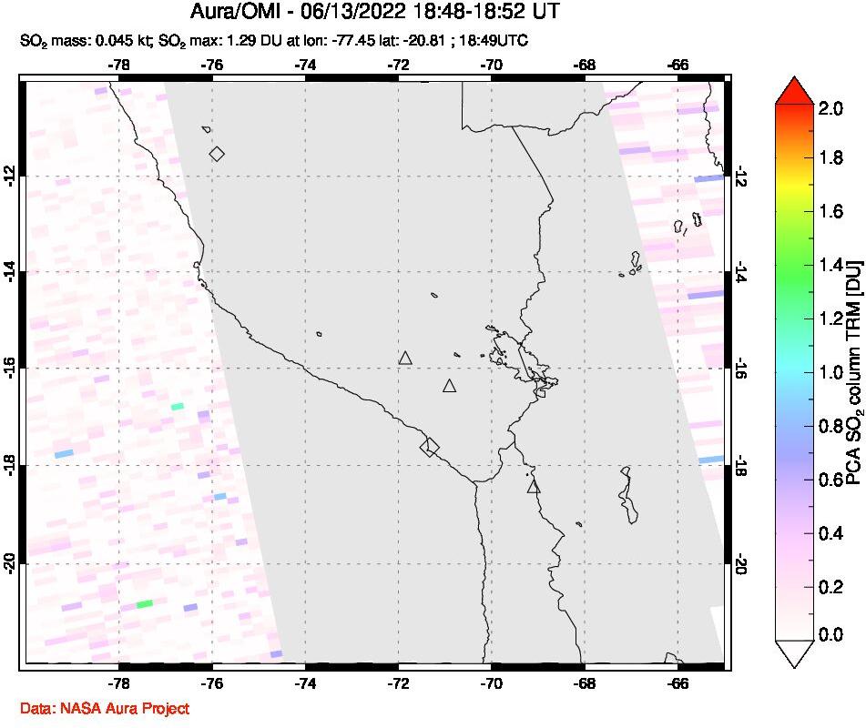 A sulfur dioxide image over Peru on Jun 13, 2022.