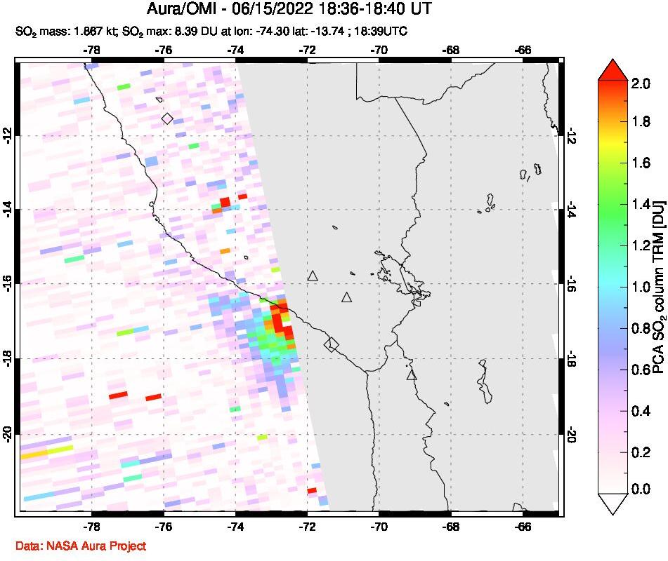 A sulfur dioxide image over Peru on Jun 15, 2022.