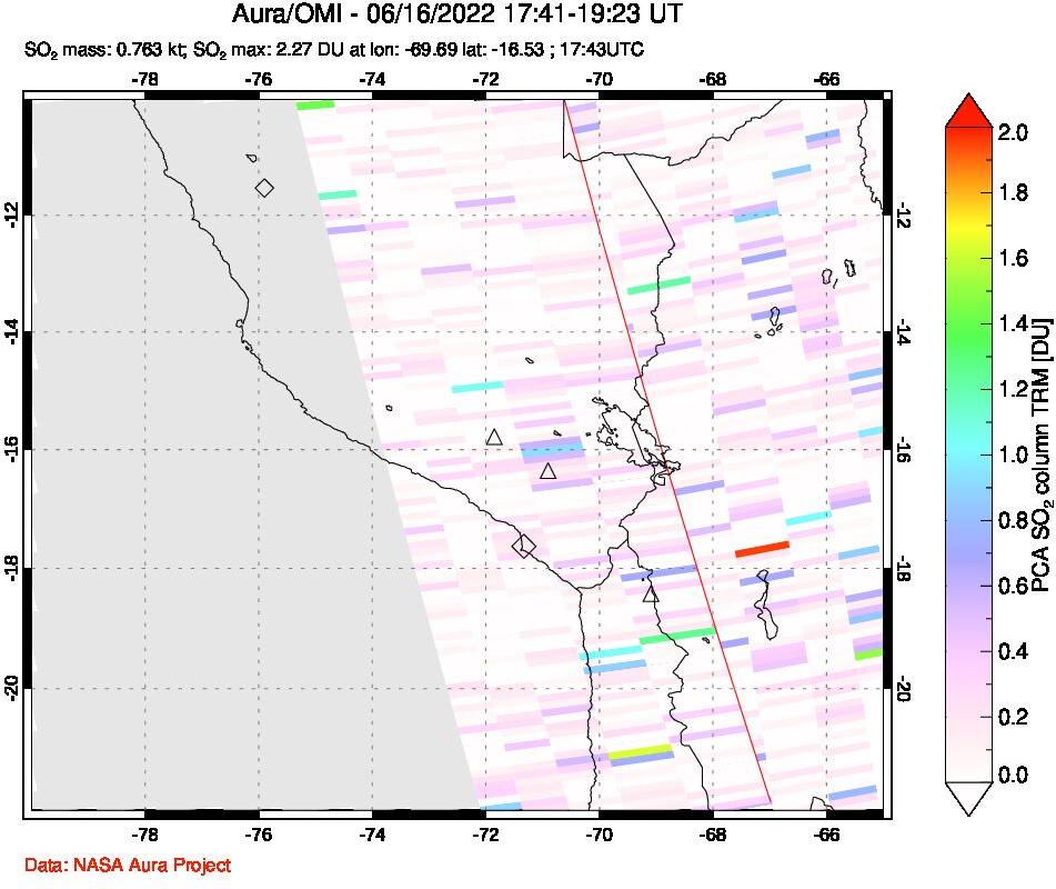 A sulfur dioxide image over Peru on Jun 16, 2022.