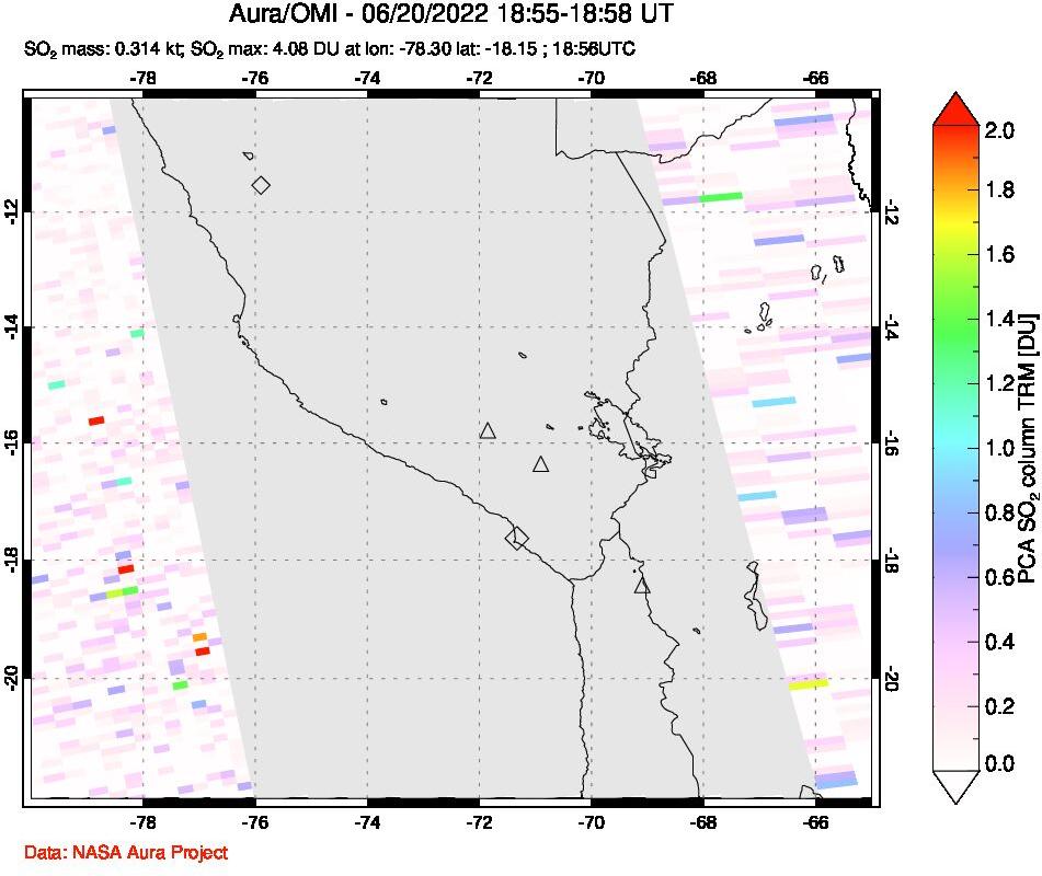A sulfur dioxide image over Peru on Jun 20, 2022.