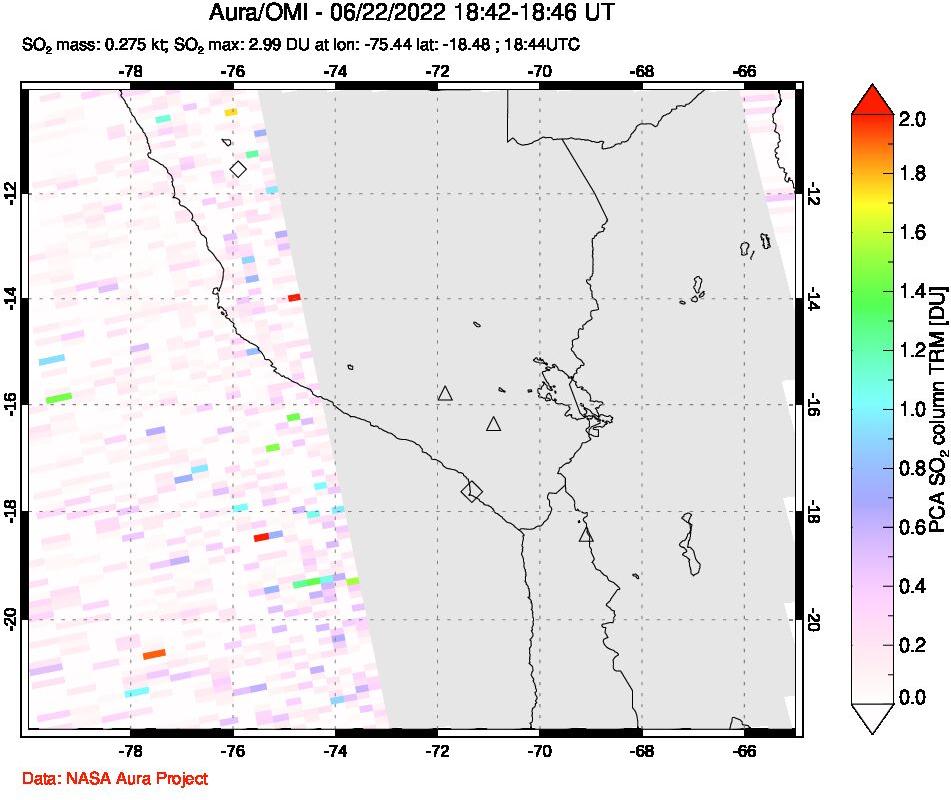 A sulfur dioxide image over Peru on Jun 22, 2022.