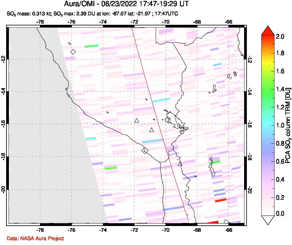 A sulfur dioxide image over Peru on Jun 23, 2022.