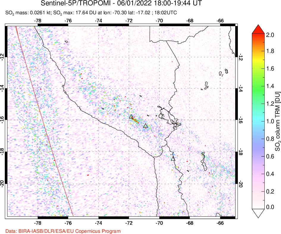 A sulfur dioxide image over Peru on Jun 01, 2022.